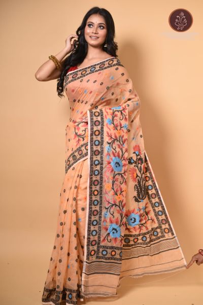 Peach Dhakai Jamdani Cotton Saree From Bengal