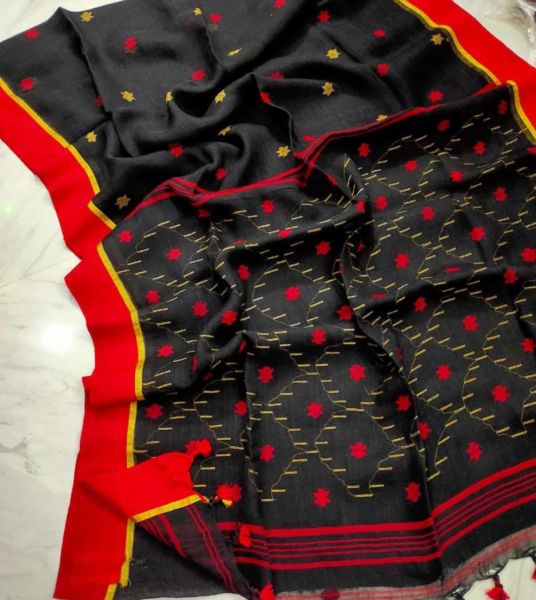 Black Pure Handloom Linen By Linen Saree From Bengal