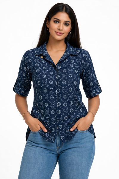 Blue Womens Hand Block Printed Tops From Bengal