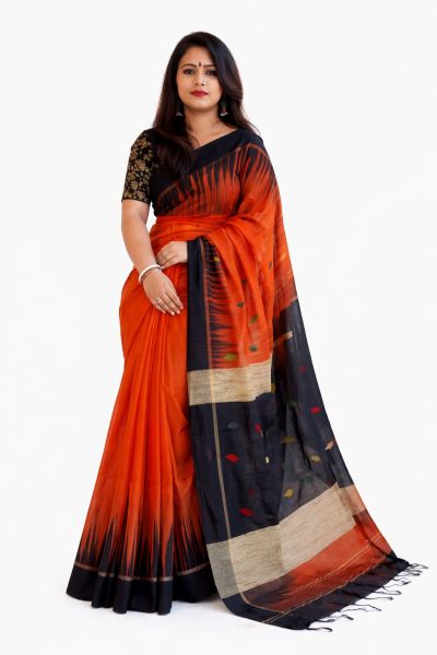 Brick Red Ikkat Silk Cotton Saree From Bengal