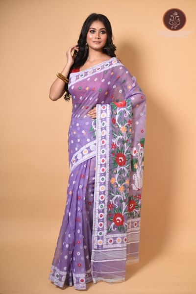 Purple Dhakai Jamdani Cotton Saree From Bengal