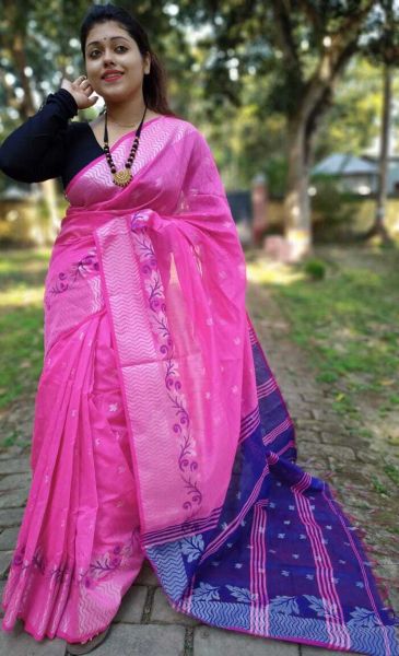 Baby Pink Minapuri Cotton Saree From Bengal