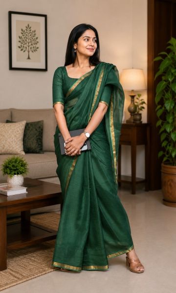 Bottle Green Pure Handloom Maslin Tussar Silk Saree From Bengal