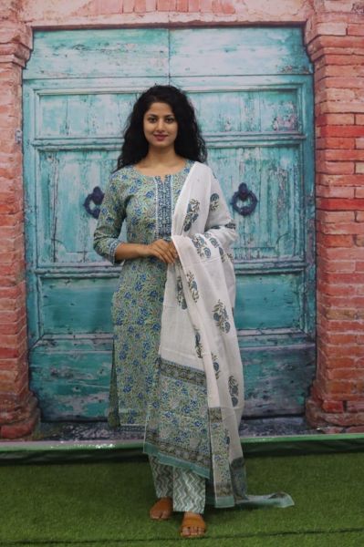Sea Green Hand Block Printed Cotton Kurti Pant And Mulmul Dupatta