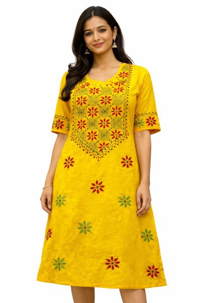 Yellow Pure Handloom Kantha Kurti From Bengal