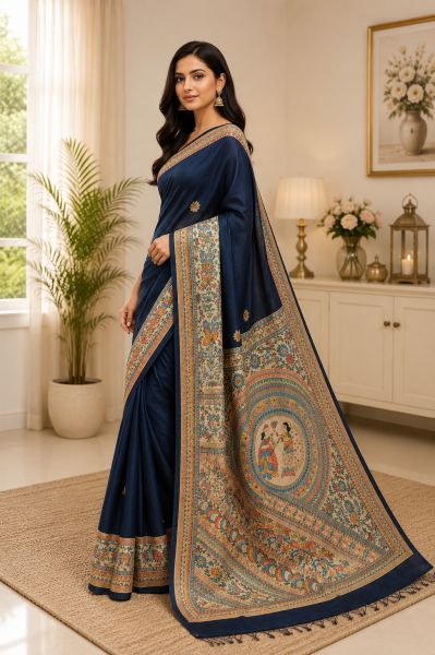 Navy Blue Traditional Indian Madhubani Pure Handloom Tassar Silk Saree