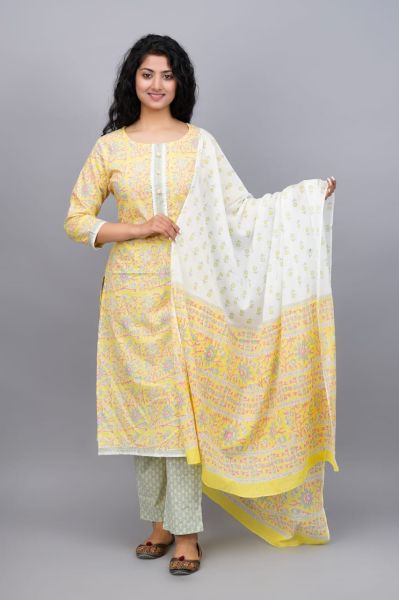 Yellow White Hand Block Printed Cotton Kurti Pant And Mulmul Dupatta
