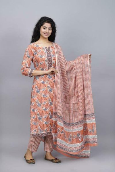 Peach Hand Block Printed Cotton Kurti Pant And Mulmul Dupatta