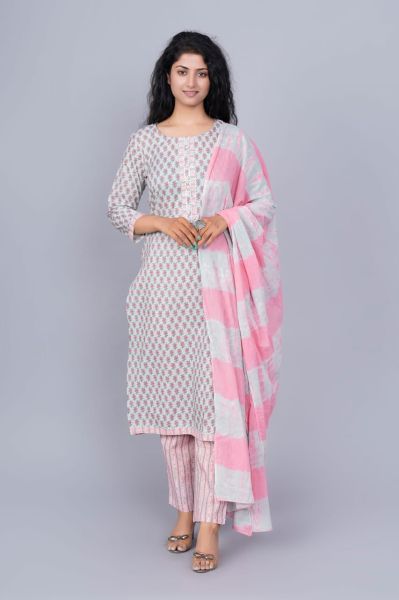 White Pink Hand Block Printed Cotton Kurti Pant And Mulmul Dupatta