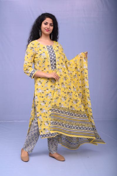 Yellow Hand Block Printed Cotton Kurti Pant And Mulmul Dupatta