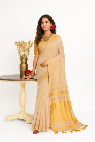 Golden Tissue Cotton Pure Handloom Saree From Bengal