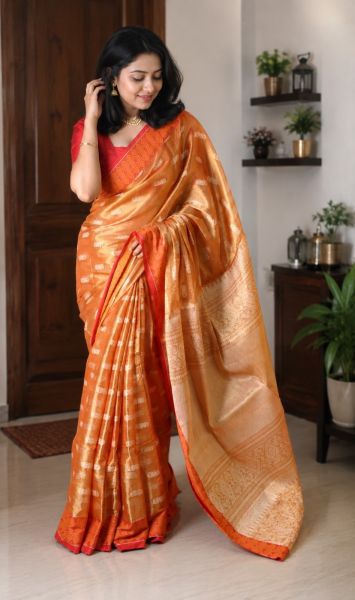 Royal OrengePure Handloom Tissue Cotton Saree From Bengal