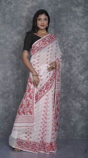 Ash Grey Dhakai Jamdani Pure Handloom Flower Design Saree
