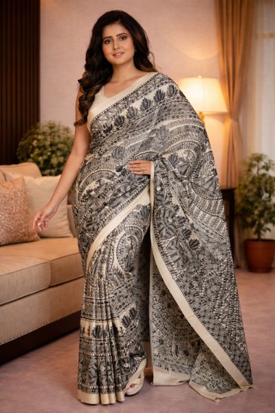 Handwoven Organic Tussar Silk Madhubani Saree Premium Bhagalpur Silk Saree with Silk Mark Certification