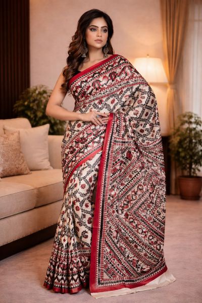 Handloom Organic Tussar Silk Madhubani Saree from Bhagalpur–Traditional Mithila Art Saree