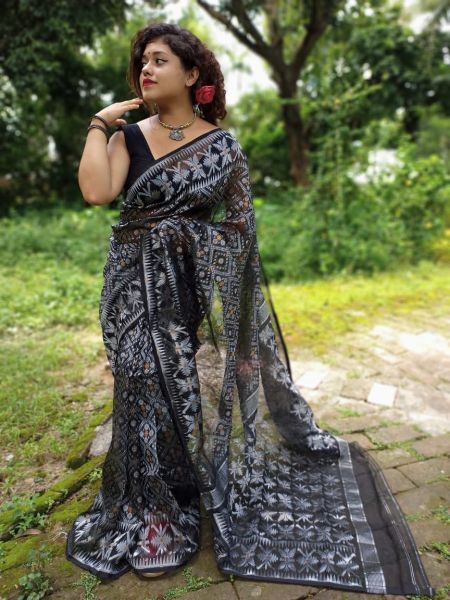 Black Butta Jamdani Cotton Saree From Bengal