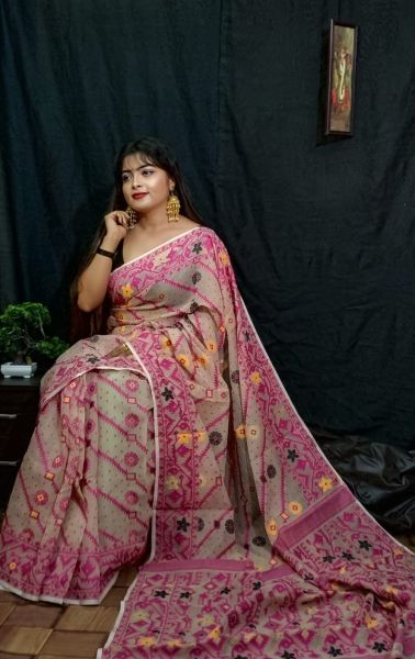 Ash Flower Design Pure Handloom Soft Dhakai Jamdani Saree