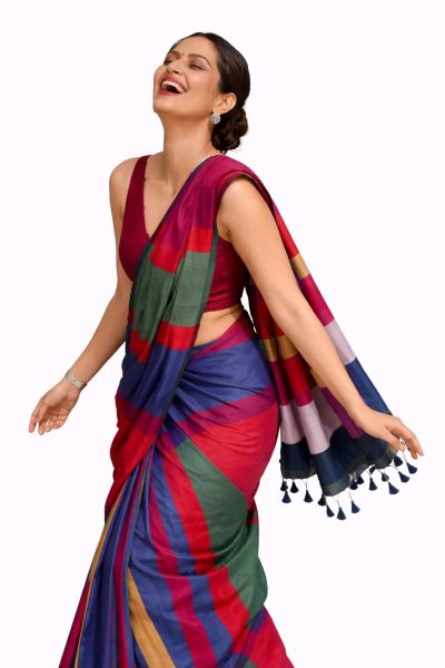 Multi Colour Women's Hand Weaving Pure Cotton Saree From Bengal