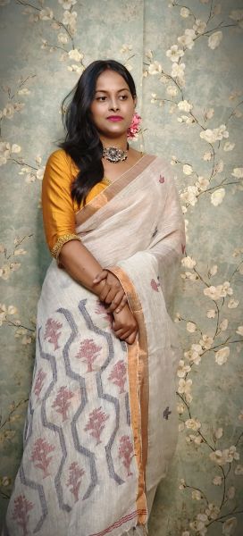 Beige Pure Handloom Linen By Linen Saree From Bengal
