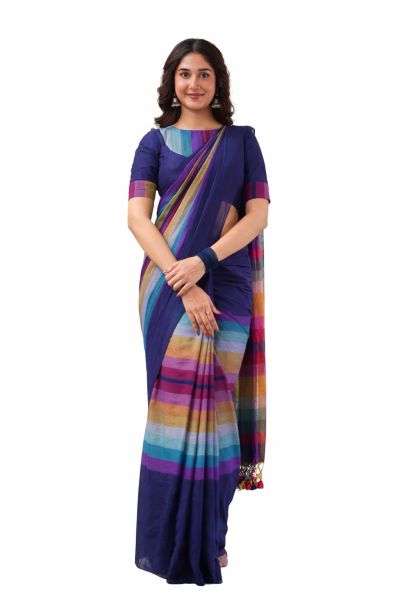 Blue Colour Pure Handloom Mulmul Cotton Saree From Bengal