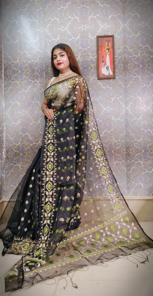 Black Butta Pure Handloom Resham Jamdani Saree