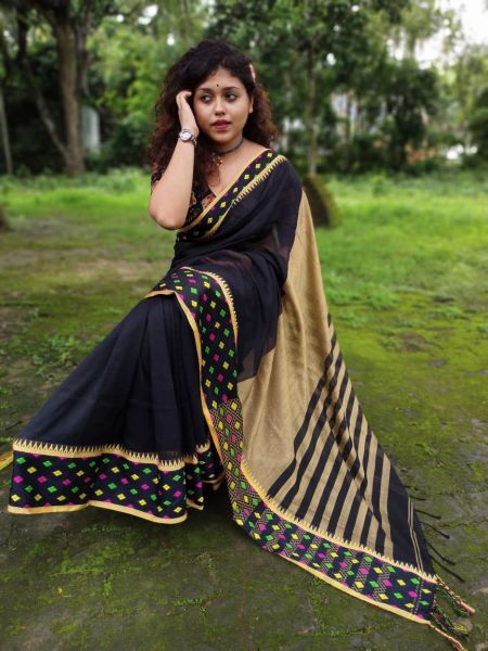 Black Cotton Pure Handloom Plain Saree