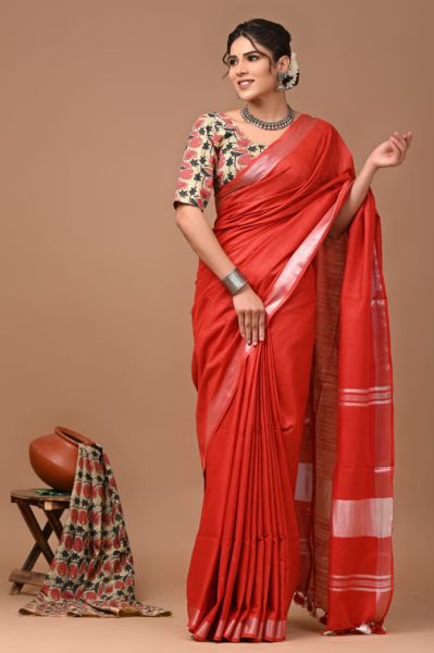 Red Linen By Linen Pure Handloom Saree From Bengal
