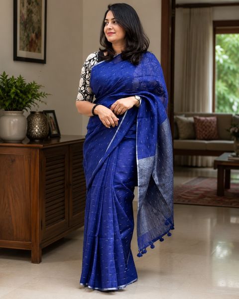 Royal Blue Pure Handloom Linen By Linen Saree From Bengal