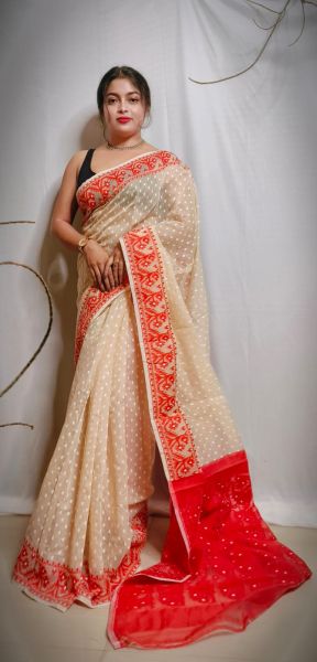 Cream Pure Handloom Dhakai Jamdani Cotton Saree From Bengal
