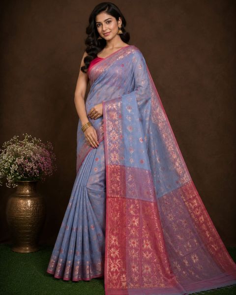 Light blue Pure Handloom Dhakai Jamdani Saree From Bengal