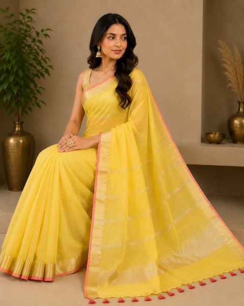 Yellow Pure Handloom Linen By Linen Saree From Bengal