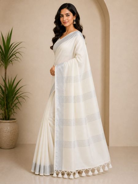 White Pure Handloom Linen By Linen Saree From Bengal