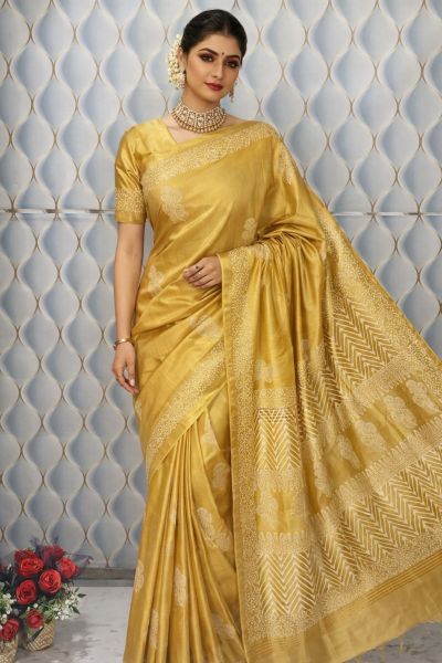 Yellow Pure Handloom Beautifully Crafted Katan silk Saree From Bhagalpur
