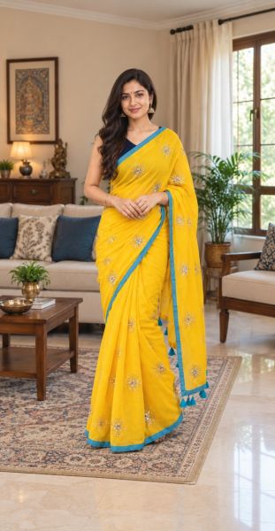 Bright Yellow Pure Handloom Mulmul Cotton Saree From Bengal