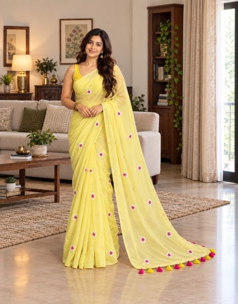 Lemon Yellow Pure Handloom Mulmul Cotton Saree From Bengal