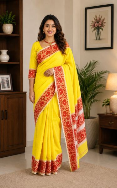 Bright Yellow Pure Handloom Dhakai Jamdani Saree From Bengal