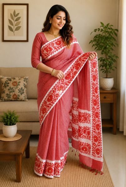 Red Pure Handloom Dhakai Jamdani Saree From Bengal