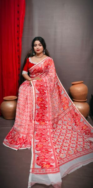 Pink Pure Handloom Dhakai Jamdani Cotton Saree From Bengal