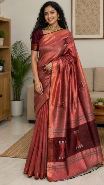 Brick Red Premium Pure Handloom Dupion Raw Silk Saree From Bhagalpur
