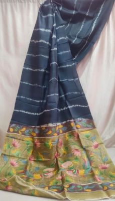 Charcoal Grey Pure Handloom Kantha Silk Saree From Bengal