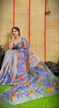 Light Grey Hand Printed Pure Handloom Organza Saree