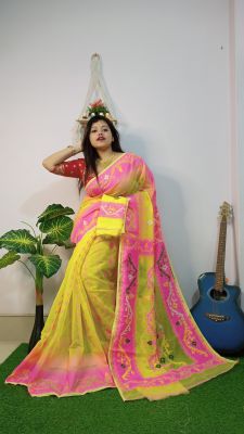 Yellow Pure Handloom Dhakai Jamdani Saree From Bengal