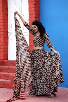 Black Hand Block Printed Cotton Top Skirt With Dupatta