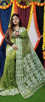 Mehandi Green Pure Handlooms Dhakai Jamdani Cotton Saree From Bengal
