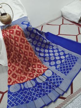 Maroon And Blue Silk Flower Design Saree