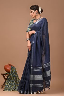 Navy Blue Pure Handloom Linen By Linen Saree From Bengal