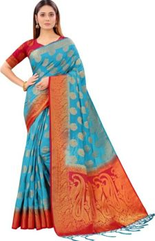 Blue Orange Pure Handloom Silk Cotton Saree From Banaras