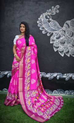 Pink Pure Handloom Tussar Silk Saree From Bengal