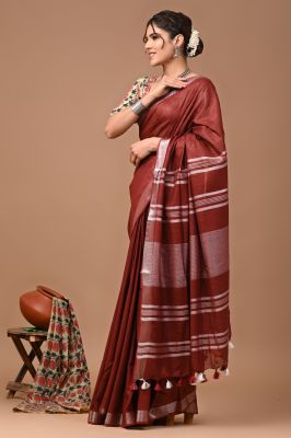 Red Wine Pure Handloom Linen By Linen Saree From Bengal