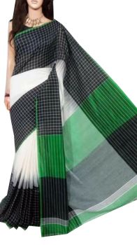 White & Black Border Cotton Ikkat Saree